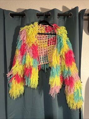 Hand Crafted Multicolor Shaggy Crochet Jacket - Yellow, Pink, Blue